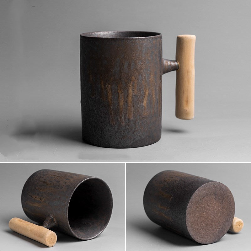 Gilt Glazed Ceramic Mug | Luxury Wood Handle Tea & Coffee Cup (300–400ml)