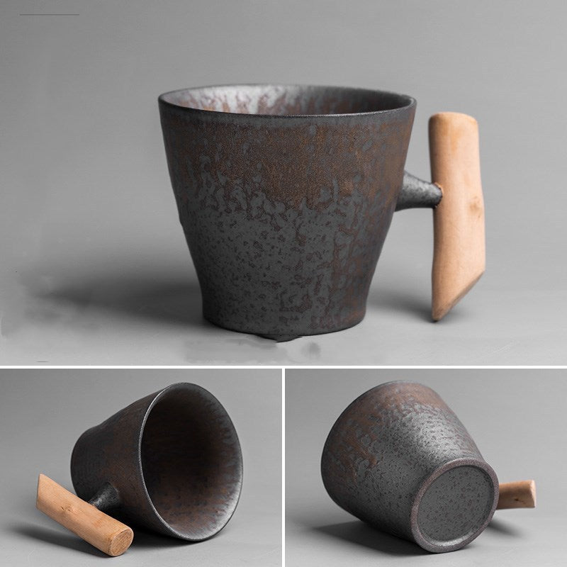 Gilt Glazed Ceramic Mug | Luxury Wood Handle Tea & Coffee Cup (300–400ml)