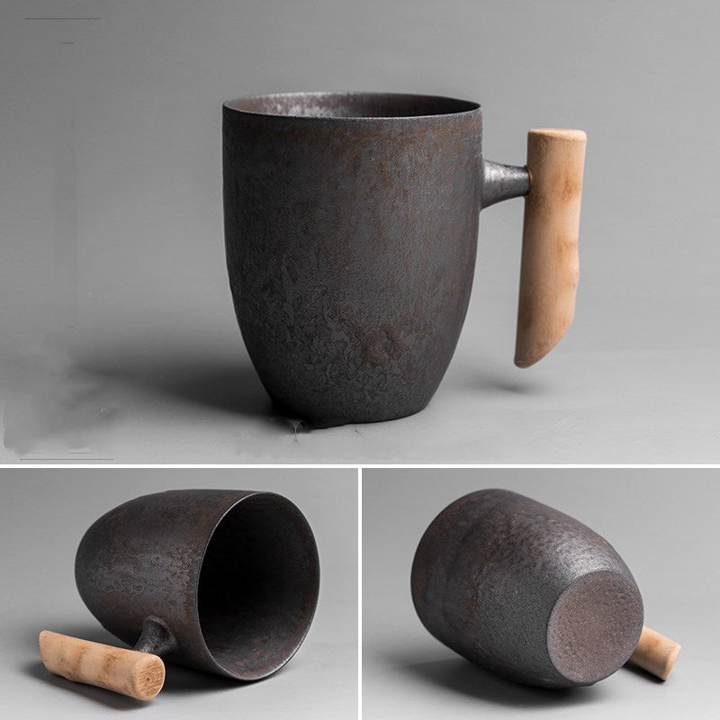 Gilt Glazed Ceramic Mug | Luxury Wood Handle Tea & Coffee Cup (300–400ml)