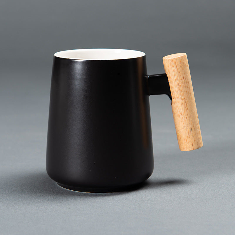 Ceramic Mug with Wooden Handle | 3-Piece Coffee Cup Set with Lid & Spoon