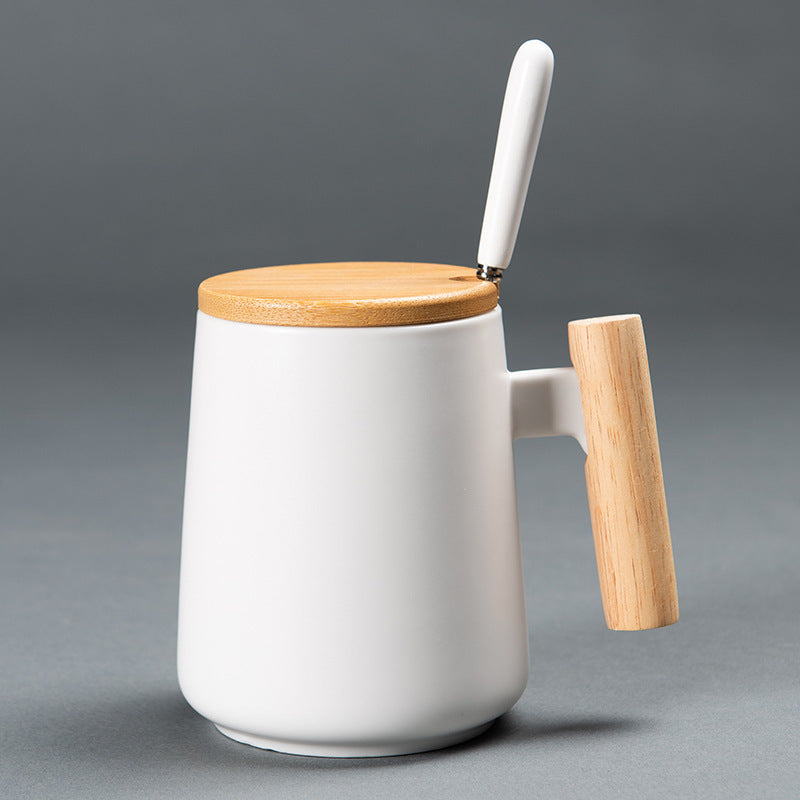 Ceramic Mug with Wooden Handle | 3-Piece Coffee Cup Set with Lid & Spoon