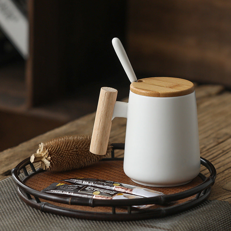 Ceramic Mug with Wooden Handle | 3-Piece Coffee Cup Set with Lid & Spoon