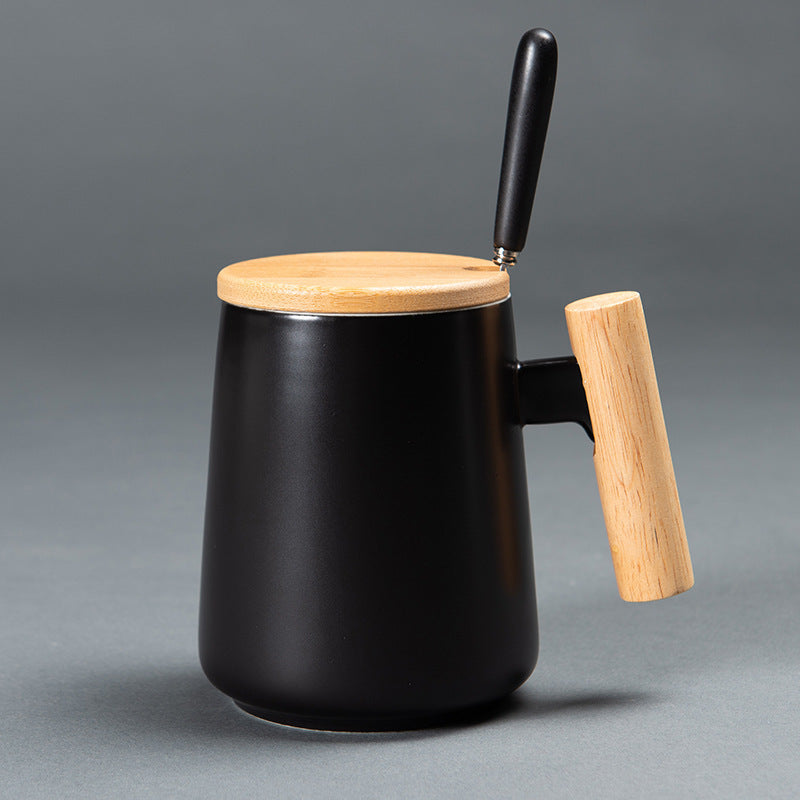 Ceramic Mug with Wooden Handle | 3-Piece Coffee Cup Set with Lid & Spoon