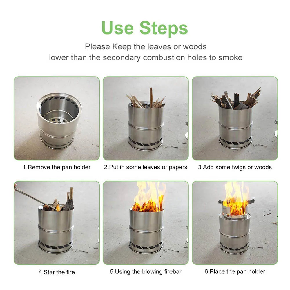 Cylindrical Portable Wood Burning Camping Stove – Stainless Steel, Compact & Lightweight