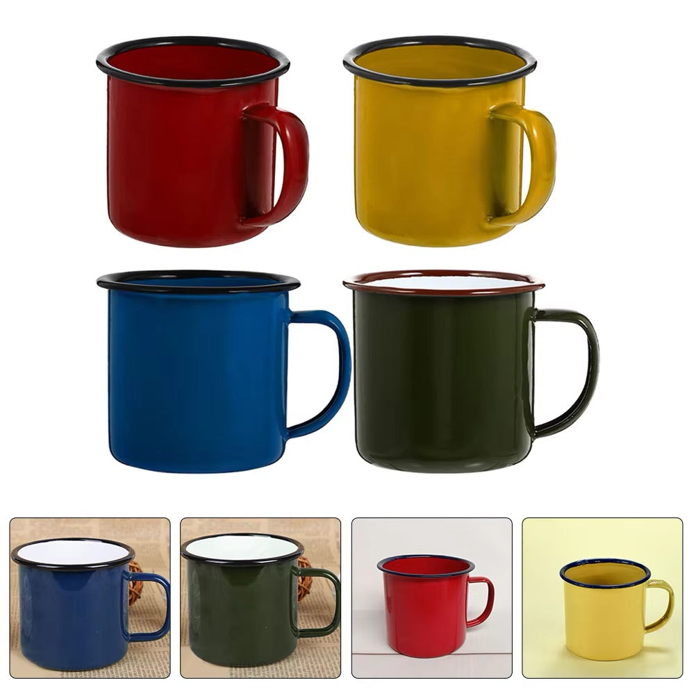 4-Piece Enamel Camping Mug Set – Classic Colored Coffee Cups for Outdoor Use