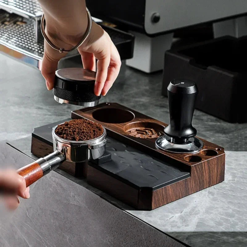 Espresso Tamper Station Stand | Portafilter Organizer with Wood Grain Base