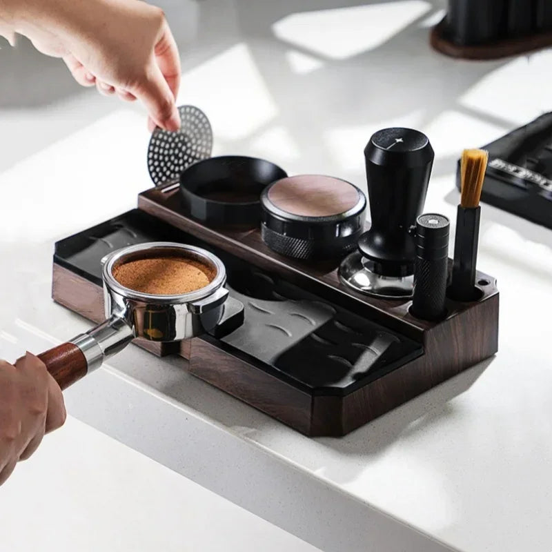 Espresso Tamper Station Stand | Portafilter Organizer with Wood Grain Base