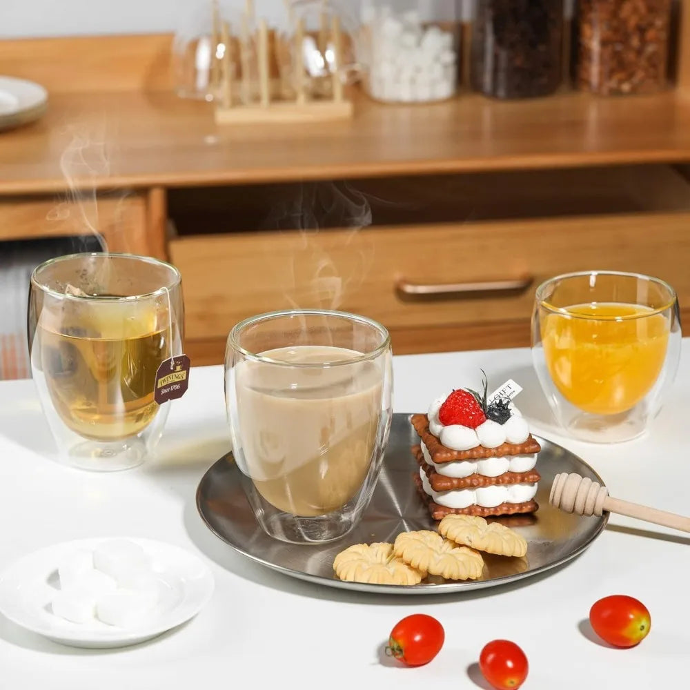 Set of 6 60ml/250ml Clear Double Wall Glass Coffee Mugs Perfect for Espresso, Cappuccino, Latte, Americano, Tea Bag