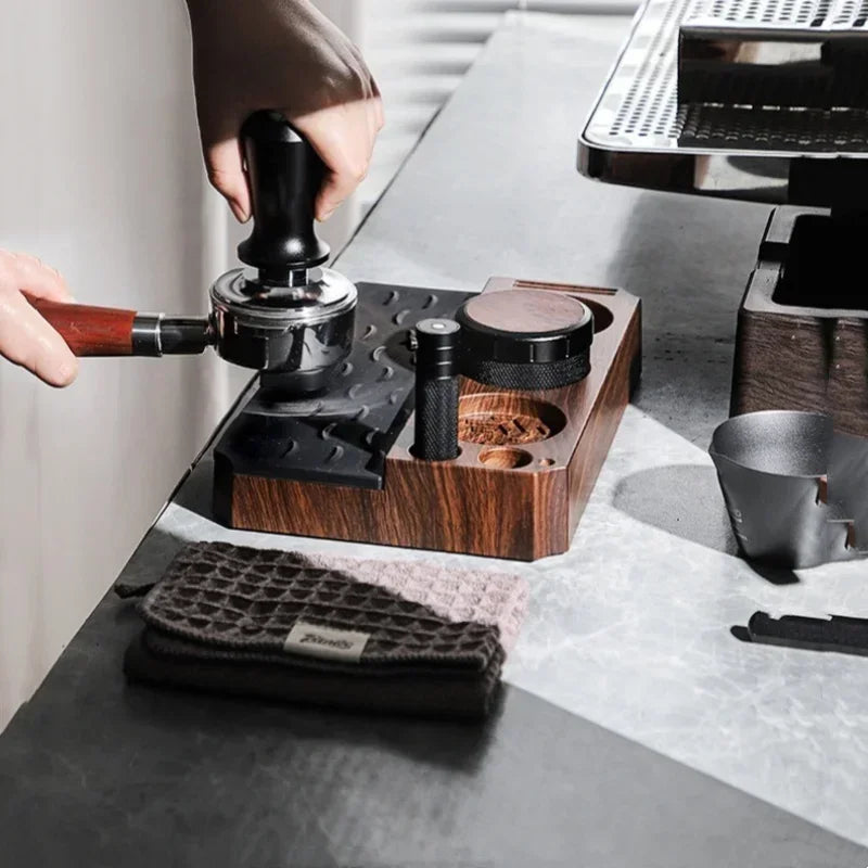 Espresso Tamper Station Stand | Portafilter Organizer with Wood Grain Base