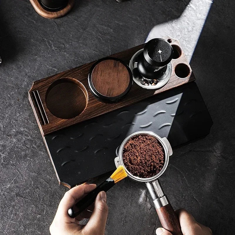 Espresso Tamper Station Stand | Portafilter Organizer with Wood Grain Base