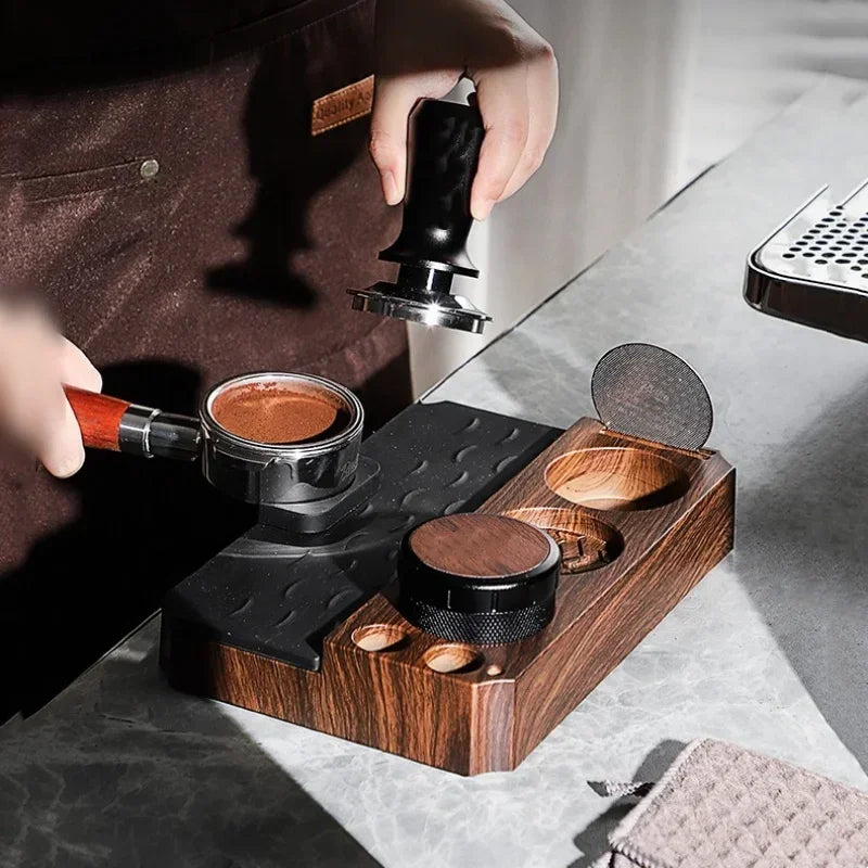 Espresso Tamper Station Stand | Portafilter Organizer with Wood Grain Base