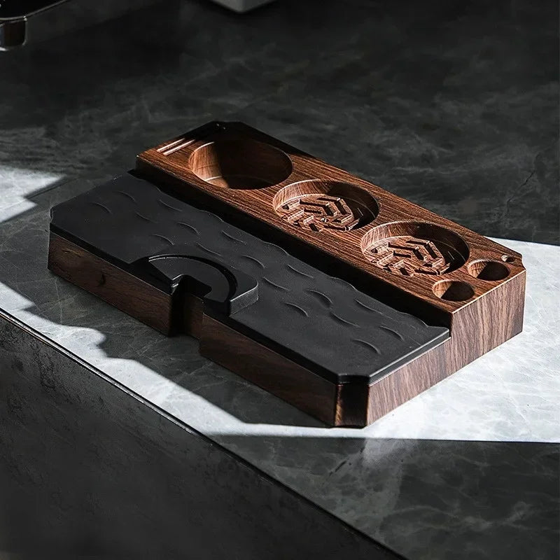 Espresso Tamper Station Stand | Portafilter Organizer with Wood Grain Base