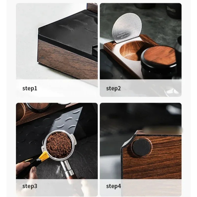 Espresso Tamper Station Stand | Portafilter Organizer with Wood Grain Base