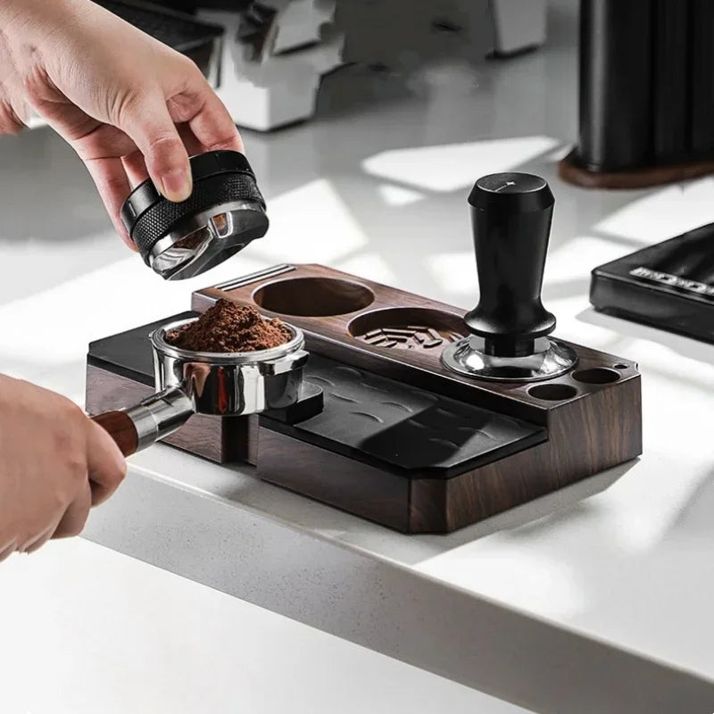 Espresso Tamper Station Stand | Portafilter Organizer with Wood Grain Base