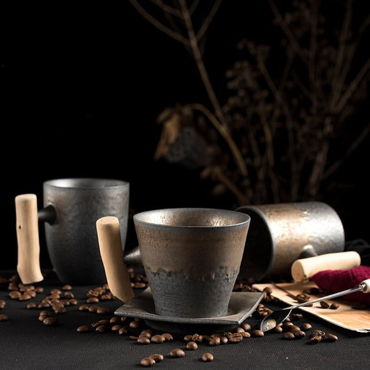 Gilt Glazed Ceramic Mug | Luxury Wood Handle Tea & Coffee Cup (300–400ml)
