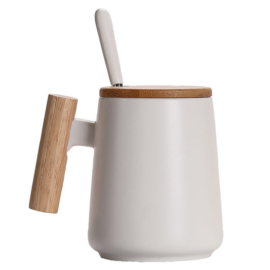 Ceramic Mug with Wooden Handle | 3-Piece Coffee Cup Set with Lid & Spoon