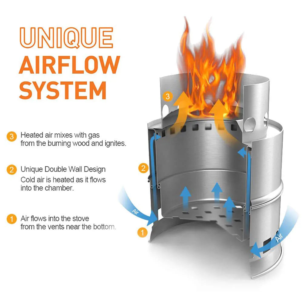 Cylindrical Portable Wood Burning Camping Stove – Stainless Steel, Compact & Lightweight
