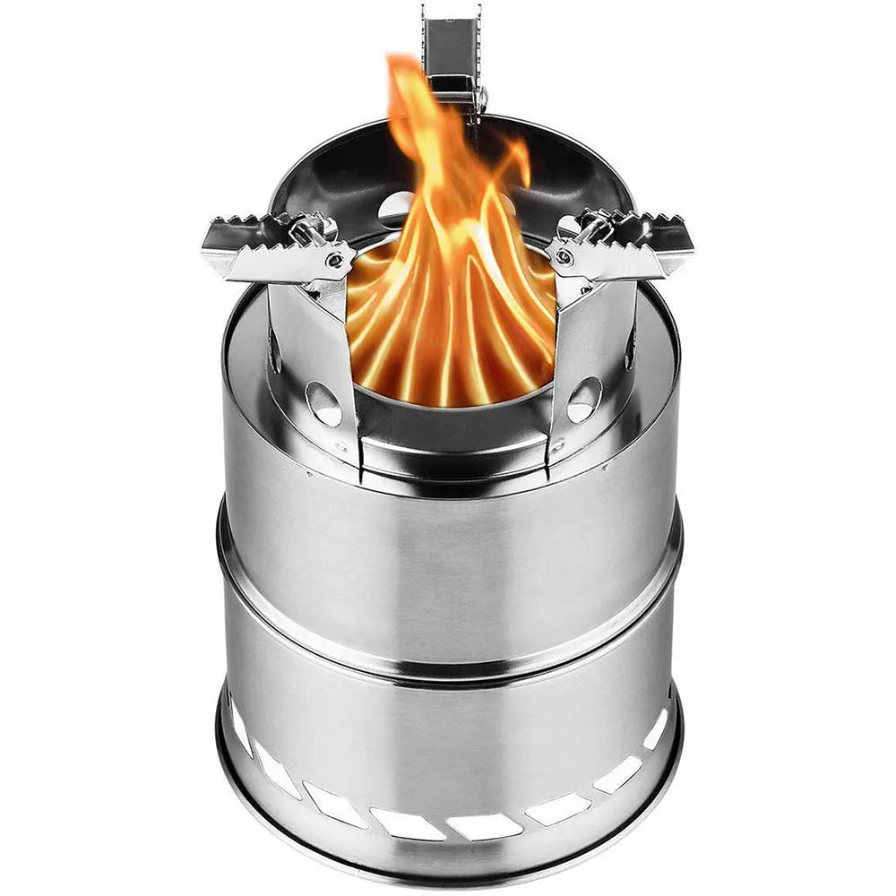 Cylindrical Portable Wood Burning Camping Stove – Stainless Steel, Compact & Lightweight