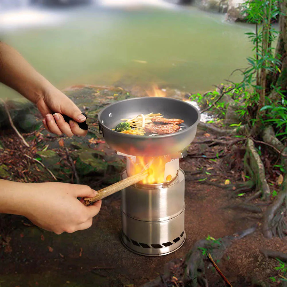Cylindrical Portable Wood Burning Camping Stove – Stainless Steel, Compact & Lightweight
