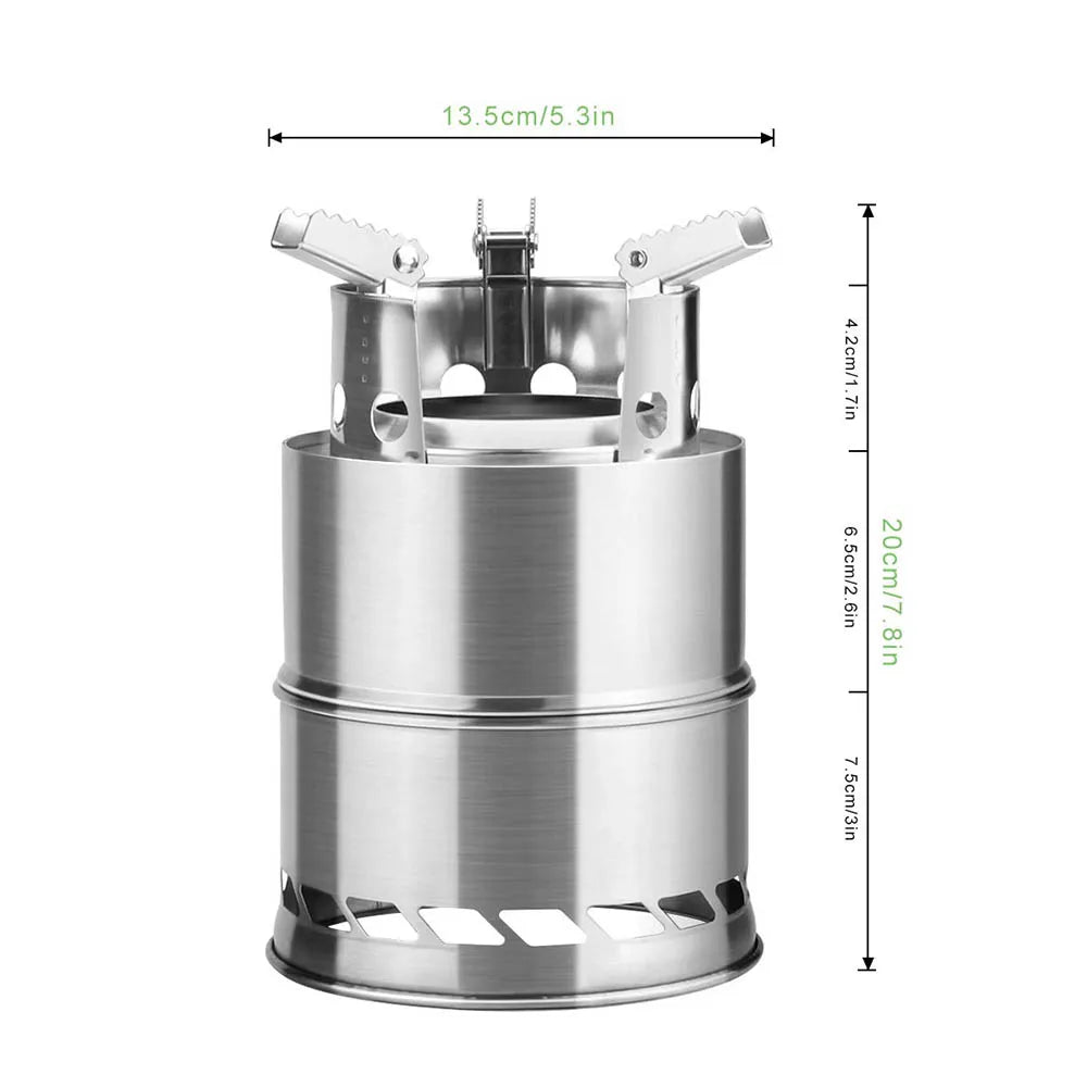 Cylindrical Portable Wood Burning Camping Stove – Stainless Steel, Compact & Lightweight