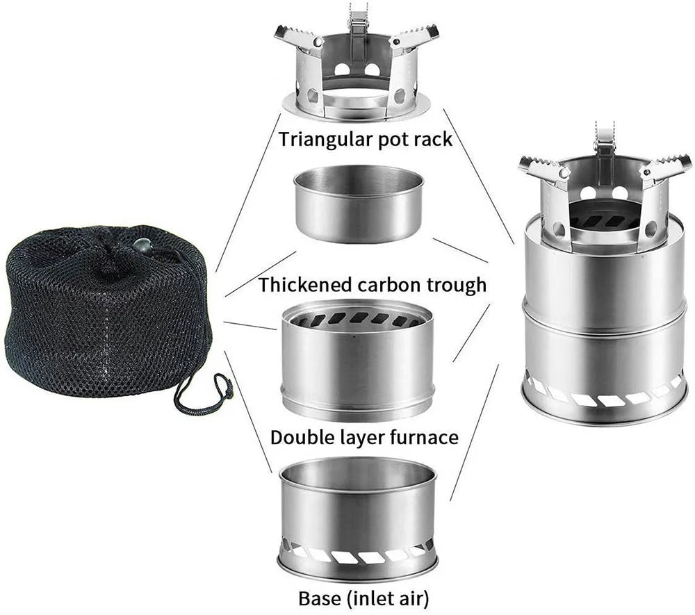 Cylindrical Portable Wood Burning Camping Stove – Stainless Steel, Compact & Lightweight