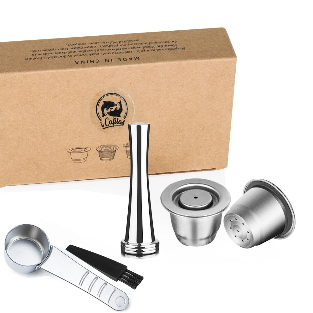 iCafilas Reusable Coffee Capsule Kit | Stainless Steel Pod with Tamper, Scoop & Brush