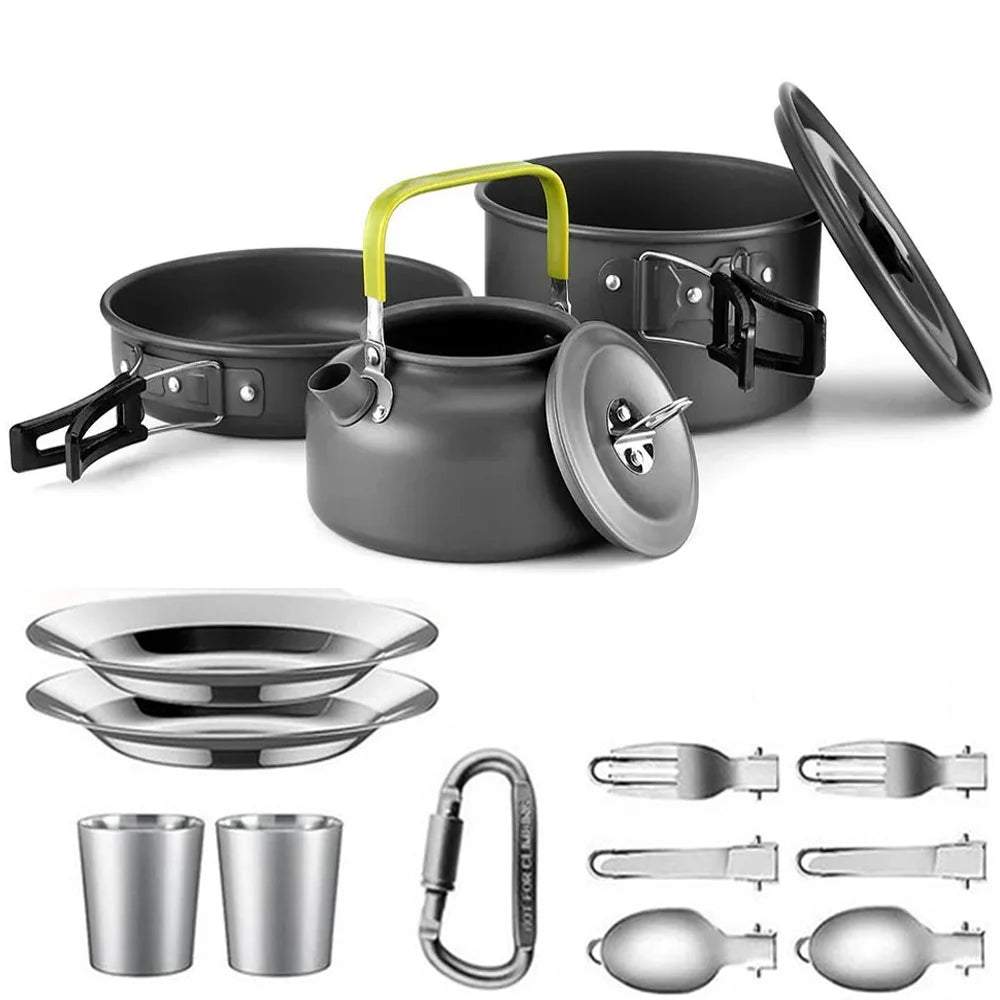 Camping Cookware Mess Kit – 2–3 Person Lightweight Cook Set with Kettle & Storage Bag