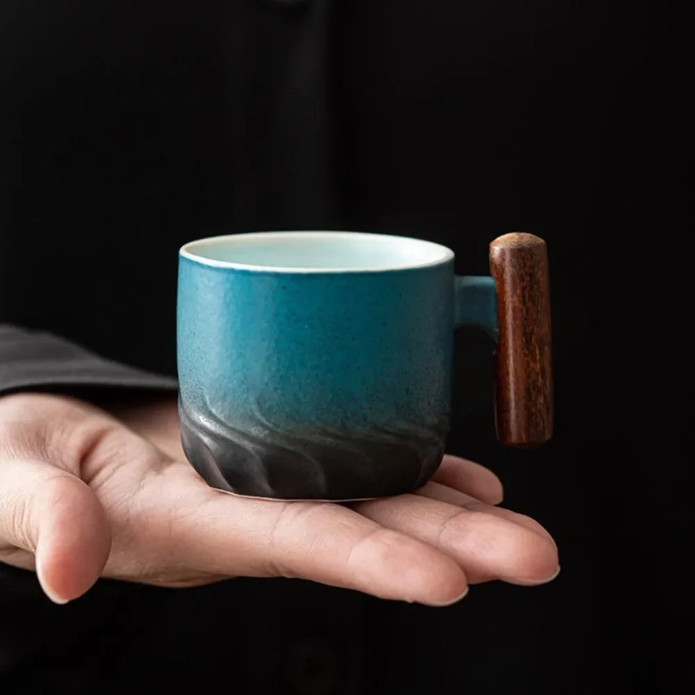 80ml Retro Ceramic Teacup | Handmade Coffee & Tea Cup with Wooden Handle