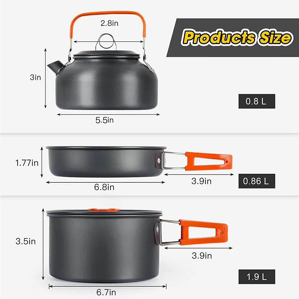 Camping Cookware Mess Kit – 2–3 Person Lightweight Cook Set with Kettle & Storage Bag