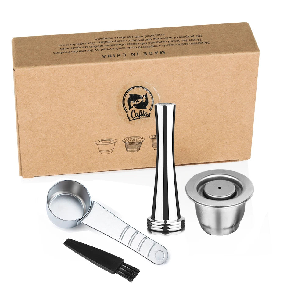 iCafilas Reusable Coffee Capsule Kit | Stainless Steel Pod with Tamper, Scoop & Brush