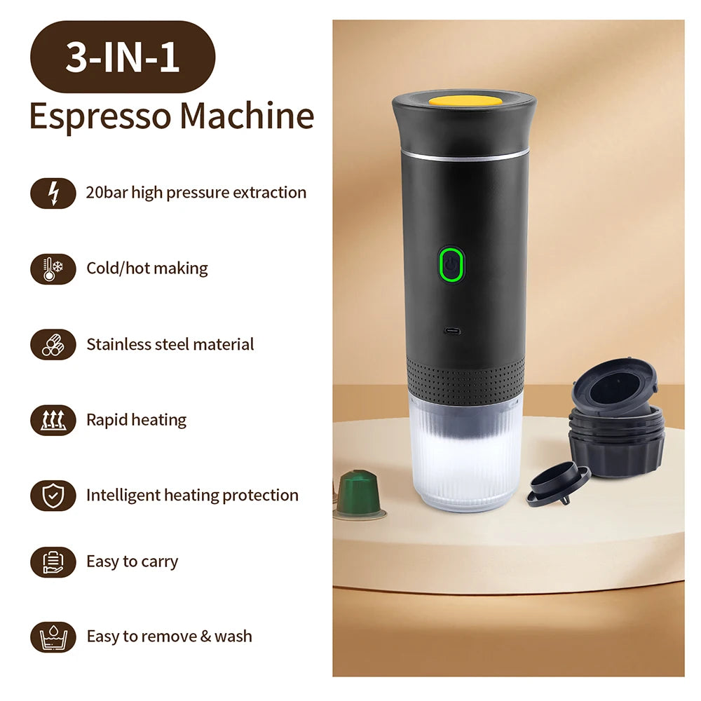 3-in-1 Portable Coffee Maker – Wireless Espresso Machine for Car, Home & Camping