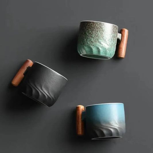 80ml Retro Ceramic Teacup | Handmade Coffee & Tea Cup with Wooden Handle
