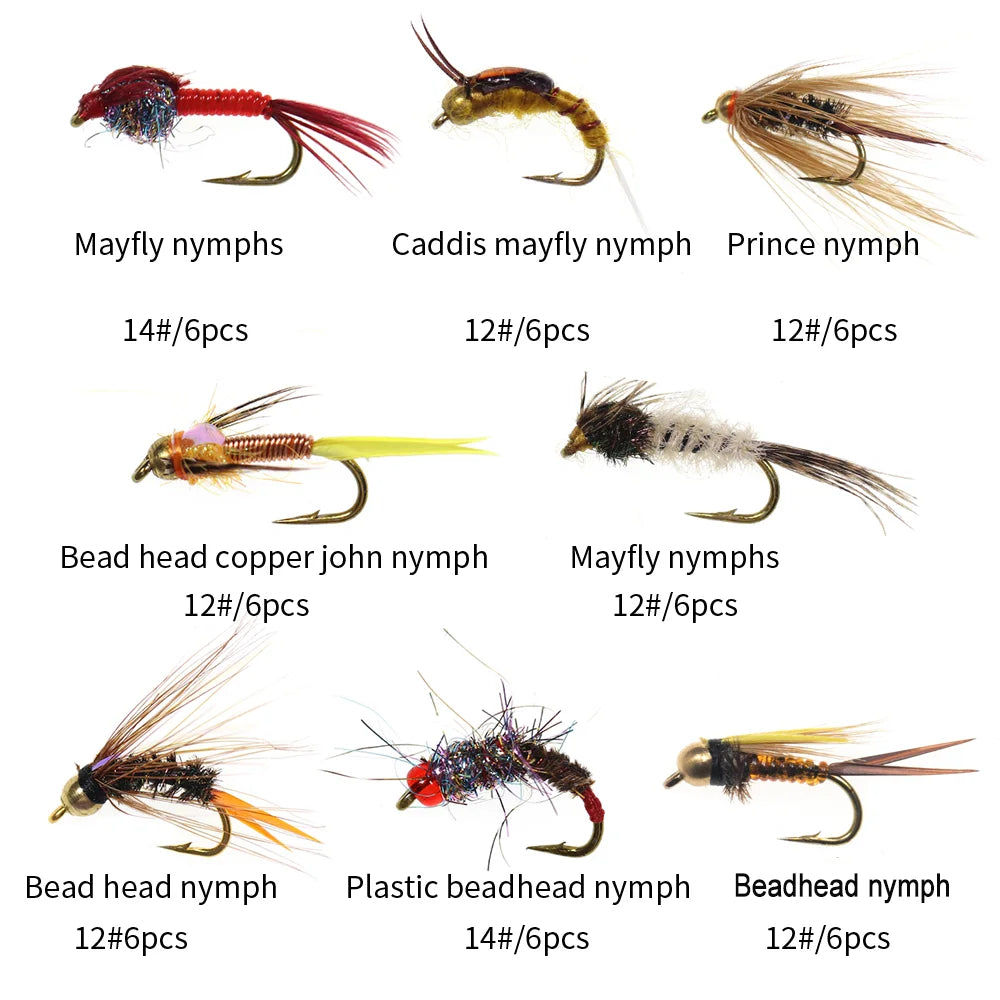 Vampfly 48pcs Nymph Fly Box – Bead Head, Copper John, Mayfly, Caddis, Dry Flies