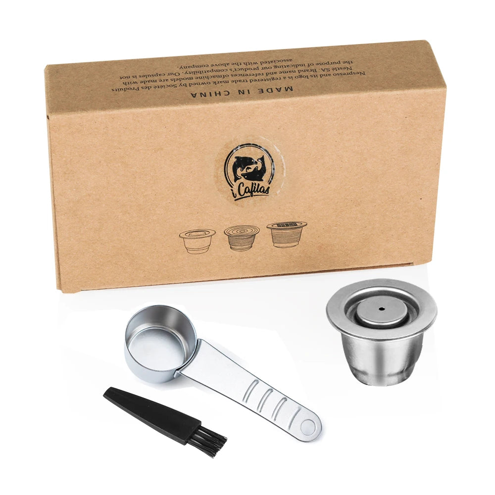 iCafilas Reusable Coffee Capsule Kit | Stainless Steel Pod with Tamper, Scoop & Brush