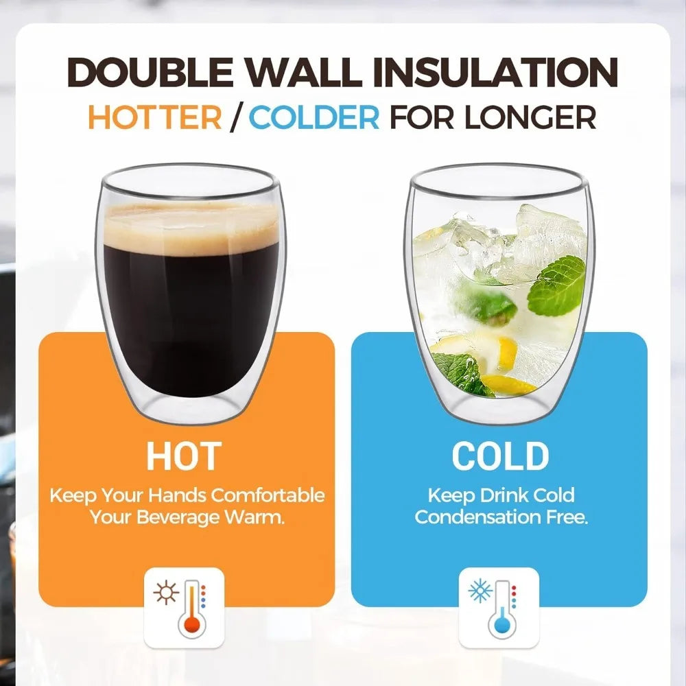 Set of 6 60ml/250ml Clear Double Wall Glass Coffee Mugs Perfect for Espresso, Cappuccino, Latte, Americano, Tea Bag