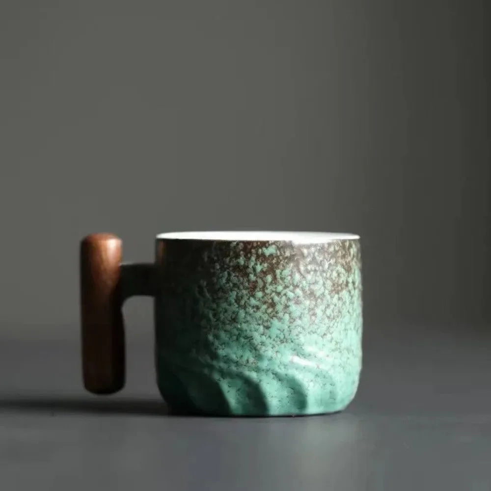 80ml Retro Ceramic Teacup | Handmade Coffee & Tea Cup with Wooden Handle