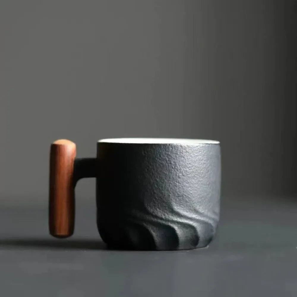 80ml Retro Ceramic Teacup | Handmade Coffee & Tea Cup with Wooden Handle
