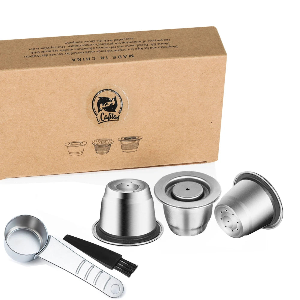 iCafilas Reusable Coffee Capsule Kit | Stainless Steel Pod with Tamper, Scoop & Brush