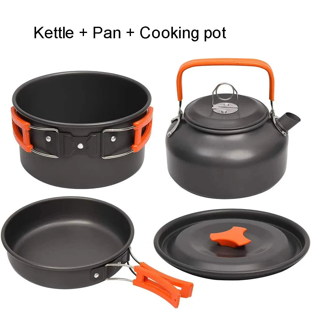 Camping Cookware Mess Kit – 2–3 Person Lightweight Cook Set with Kettle & Storage Bag