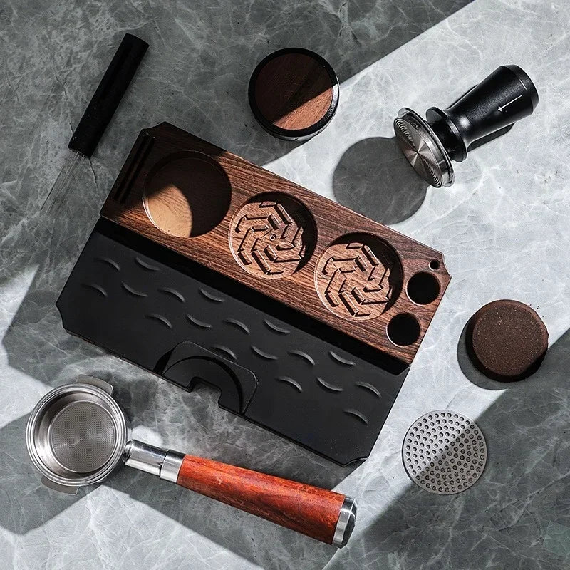 Espresso Tamper Station Stand | Portafilter Organizer with Wood Grain Base
