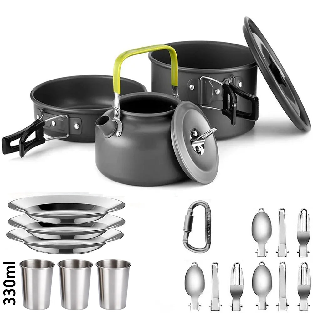 Camping Cookware Mess Kit – 2–3 Person Lightweight Cook Set with Kettle & Storage Bag