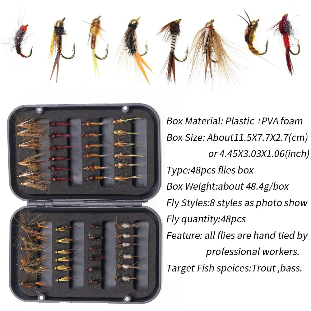Vampfly 48pcs Nymph Fly Box – Bead Head, Copper John, Mayfly, Caddis, Dry Flies