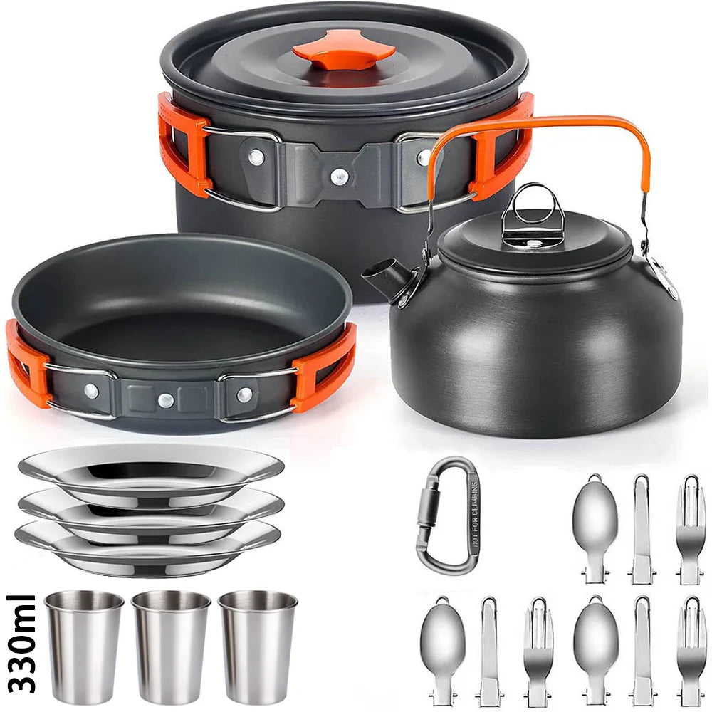 Camping Cookware Mess Kit – 2–3 Person Lightweight Cook Set with Kettle & Storage Bag