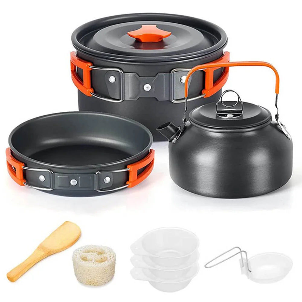 Camping Cookware Mess Kit – 2–3 Person Lightweight Cook Set with Kettle & Storage Bag