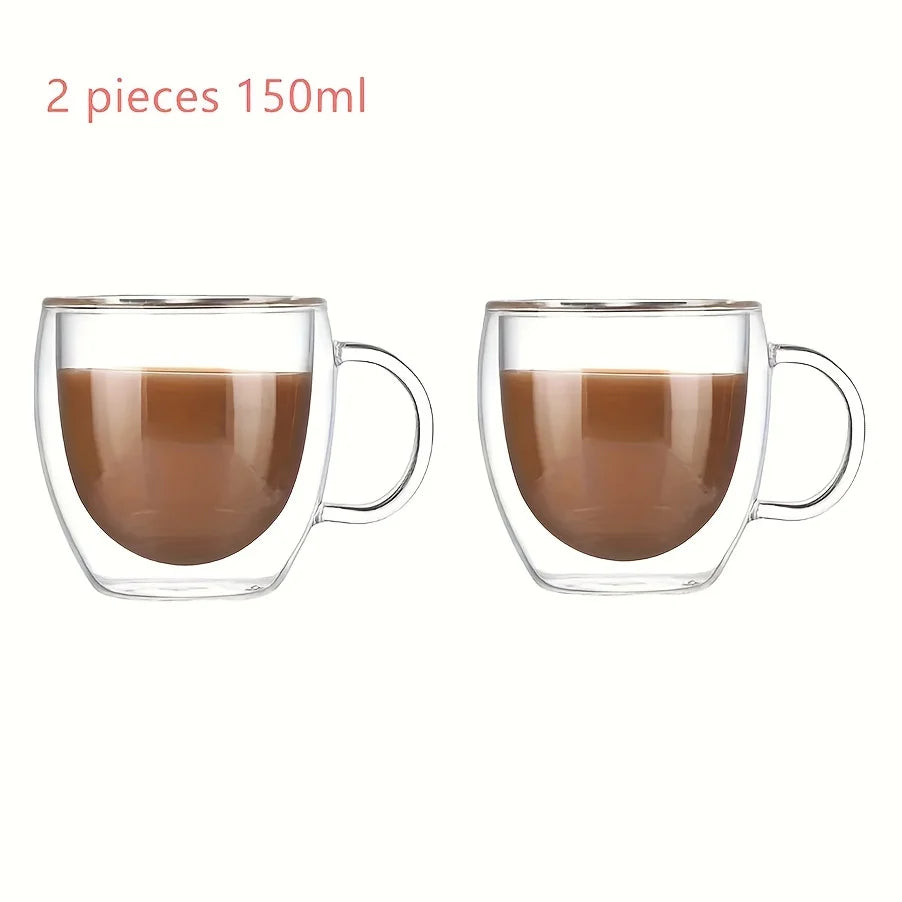 2pcs Double Wall Glass Coffee Cups | Transparent Espresso Mugs with Handles
