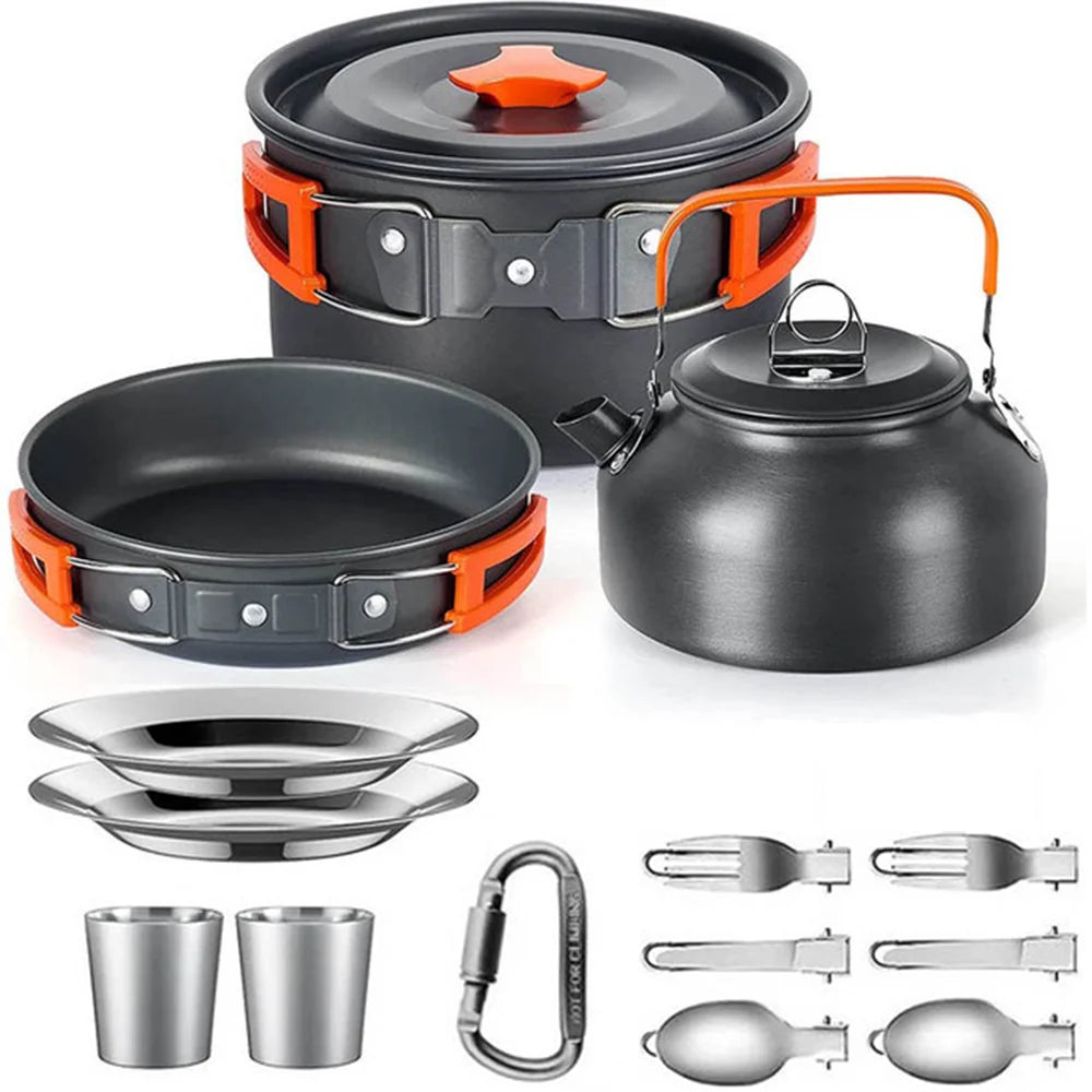 Camping Cookware Mess Kit – 2–3 Person Lightweight Cook Set with Kettle & Storage Bag
