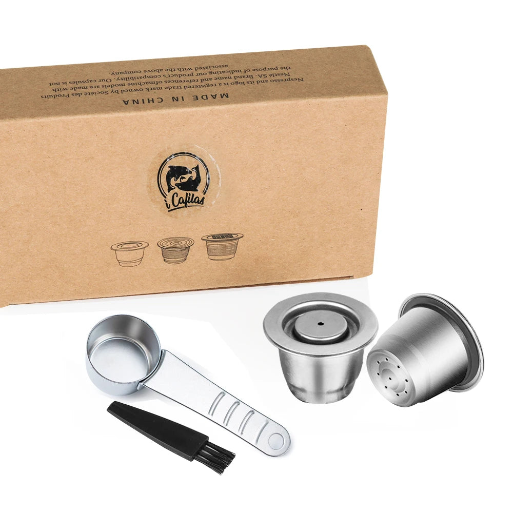iCafilas Reusable Coffee Capsule Kit | Stainless Steel Pod with Tamper, Scoop & Brush
