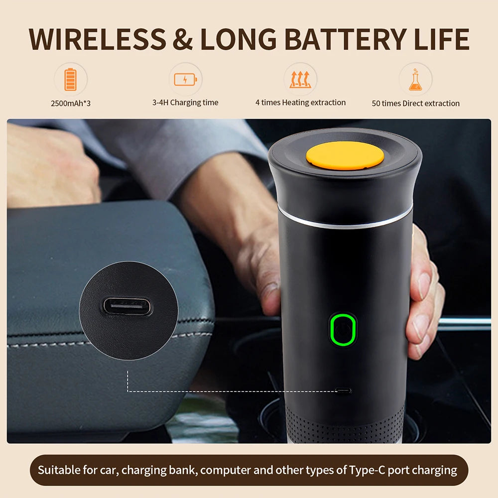 3-in-1 Portable Coffee Maker – Wireless Espresso Machine for Car, Home & Camping