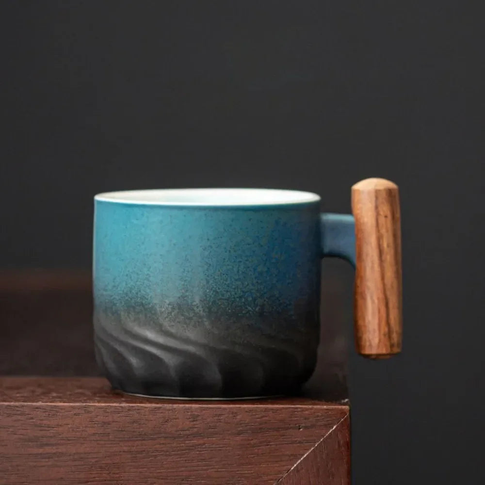 80ml Retro Ceramic Teacup | Handmade Coffee & Tea Cup with Wooden Handle