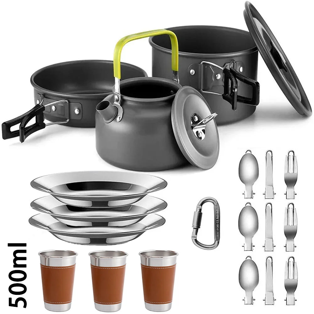 Camping Cookware Mess Kit – 2–3 Person Lightweight Cook Set with Kettle & Storage Bag